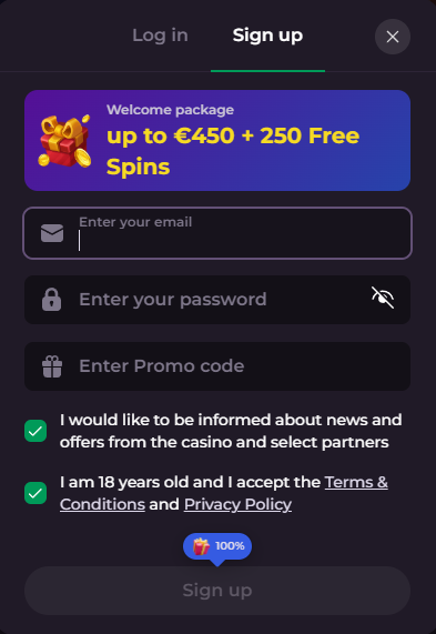 BlindLuck Casino UK registration form showing email, password fields and welcome package